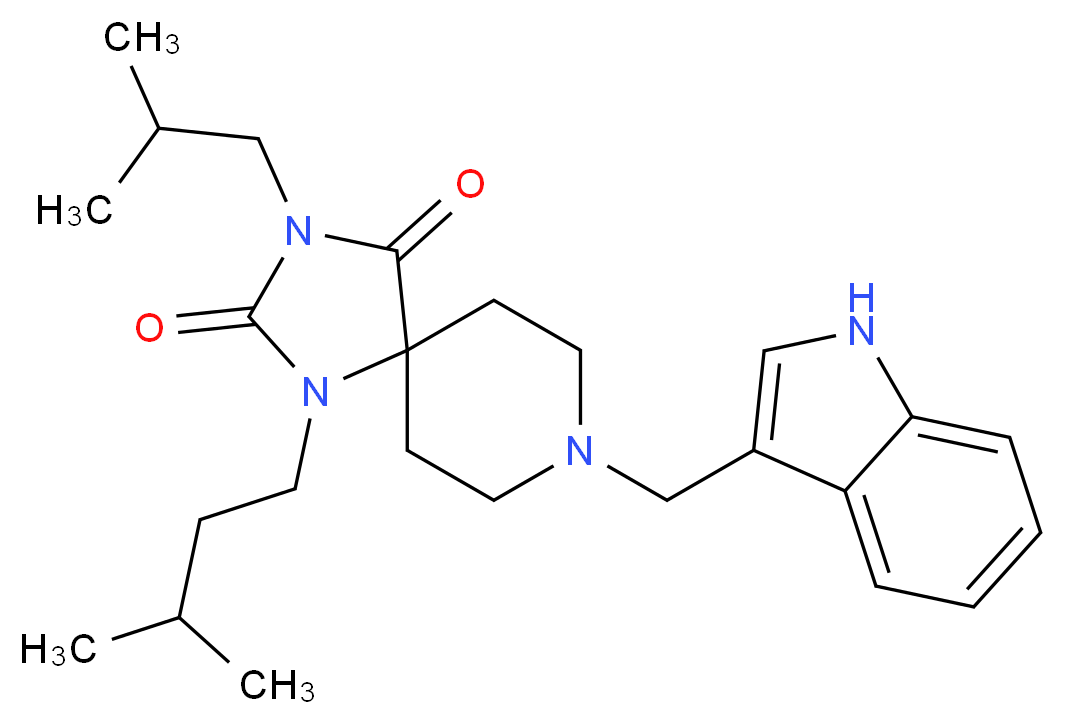 8-(1H-indol-3-ylmethyl)-3-isobutyl-1-(3-methylbutyl)-1,3,8-triazaspiro[4.5]decane-2,4-dione_分子结构_CAS_)