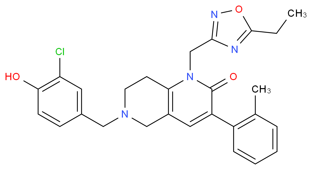 6-(3-chloro-4-hydroxybenzyl)-1-[(5-ethyl-1,2,4-oxadiazol-3-yl)methyl]-3-(2-methylphenyl)-5,6,7,8-tetrahydro-1,6-naphthyridin-2(1H)-one_分子结构_CAS_)