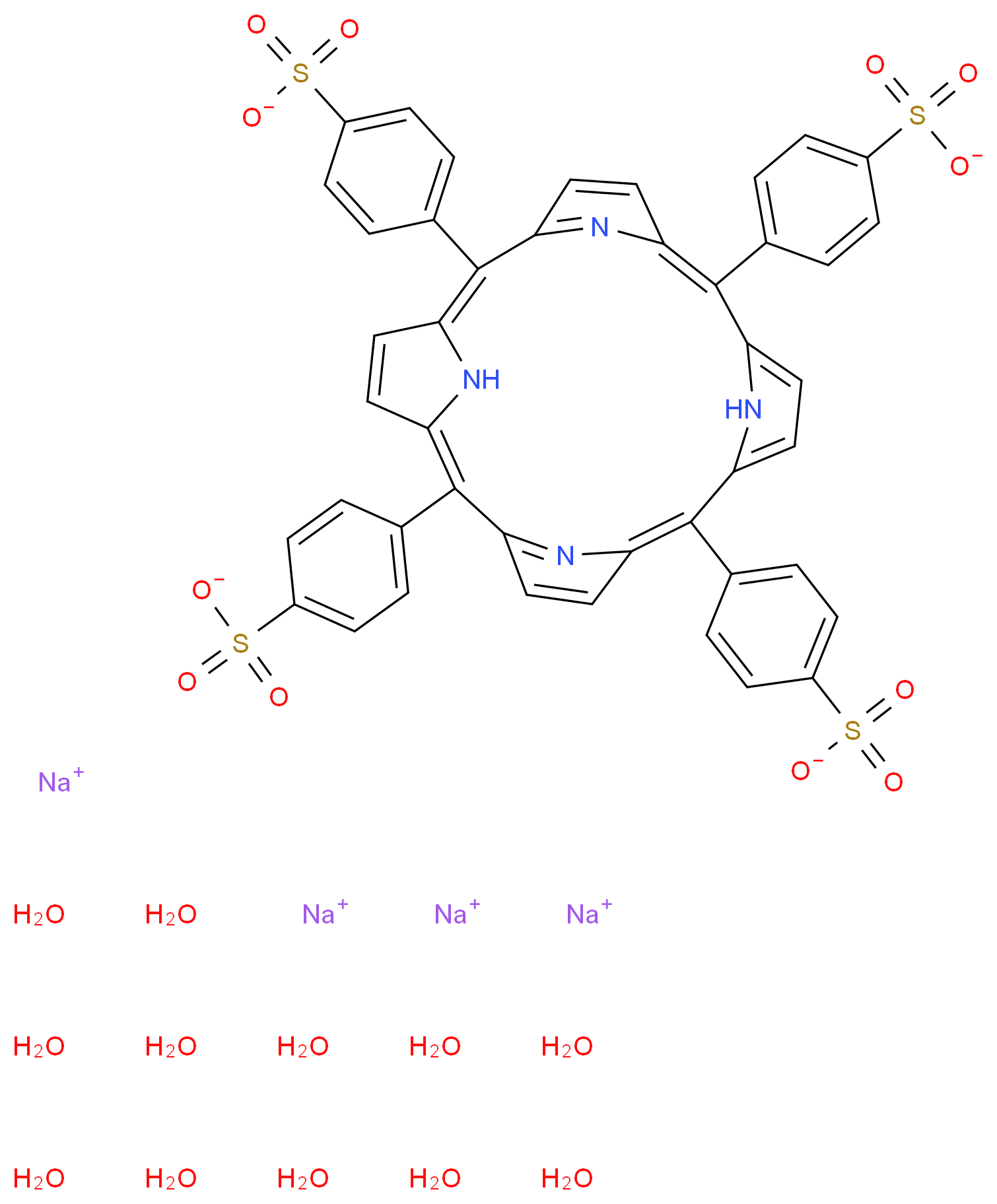 tetrasodium 4-[7,12,17-tris(4-sulfonatophenyl)-21,22,23,24-tetraazapentacyclo[16.2.1.1^{3,6}.1^{8,11}.1^{13,16}]tetracosa-1,3,5,7,9,11(23),12,14,16,18(21),19-undecaen-2-yl]benzene-1-sulfonate dodecahydrate_分子结构_CAS_39174-47-5