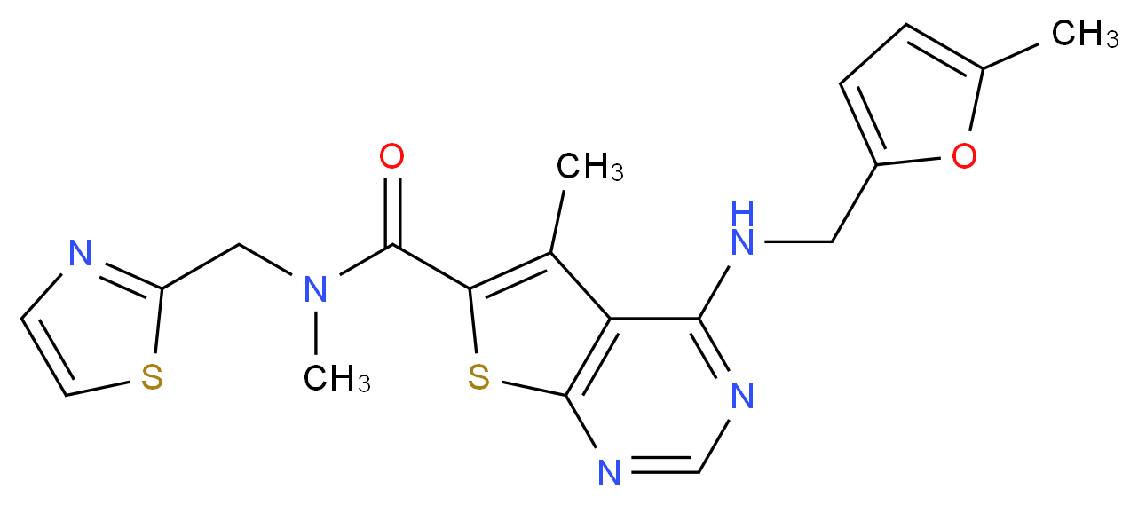 N,5-dimethyl-4-{[(5-methyl-2-furyl)methyl]amino}-N-(1,3-thiazol-2-ylmethyl)thieno[2,3-d]pyrimidine-6-carboxamide_分子结构_CAS_)