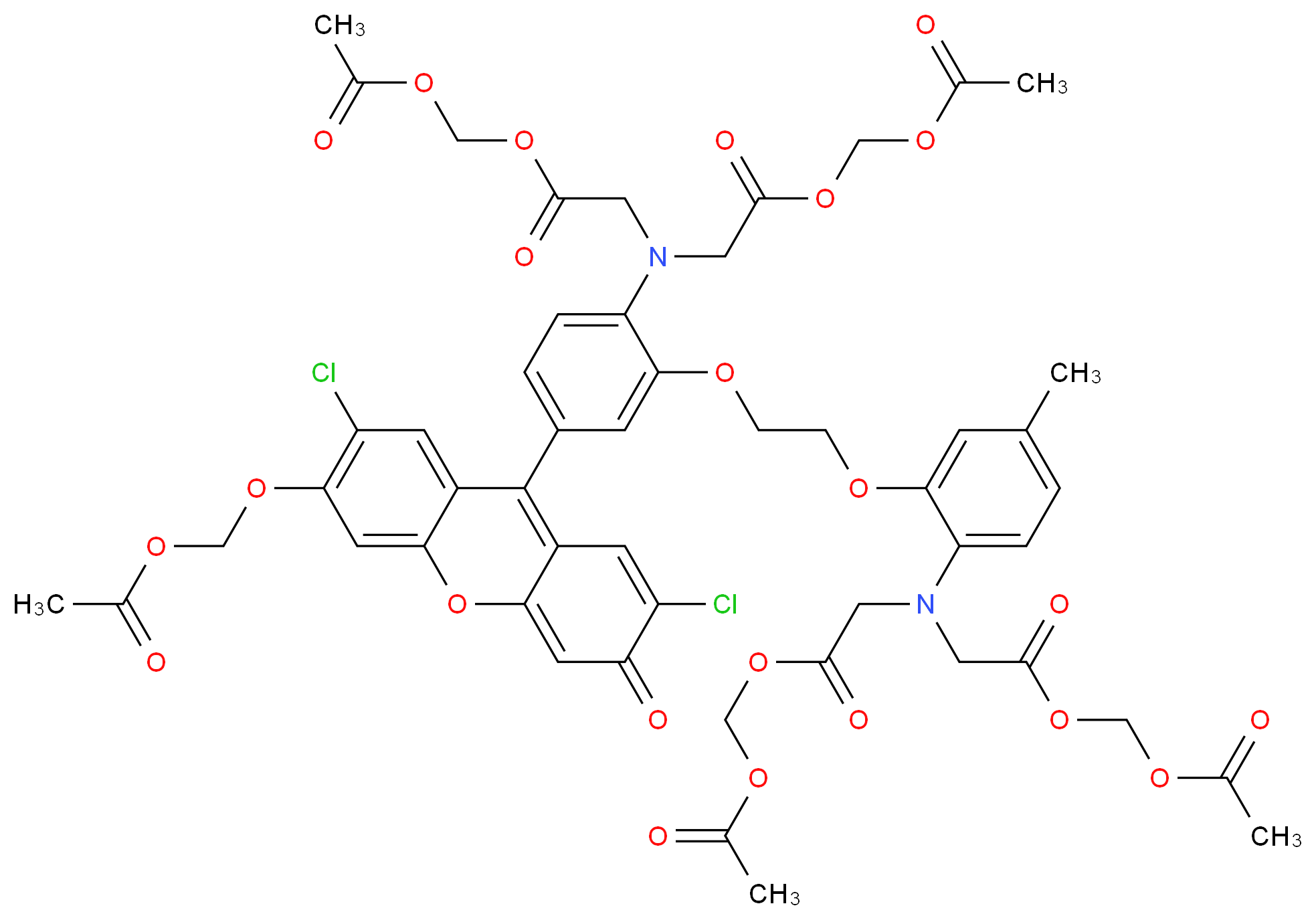 (acetyloxy)methyl 2-({2-[2-(5-{6-[(acetyloxy)methoxy]-2,7-dichloro-3-oxo-3H-xanthen-9-yl}-2-[bis({2-[(acetyloxy)methoxy]-2-oxoethyl})amino]phenoxy)ethoxy]-4-methylphenyl}({2-[(acetyloxy)methoxy]-2-oxoethyl})amino)acetate_分子结构_CAS_121714-22-5