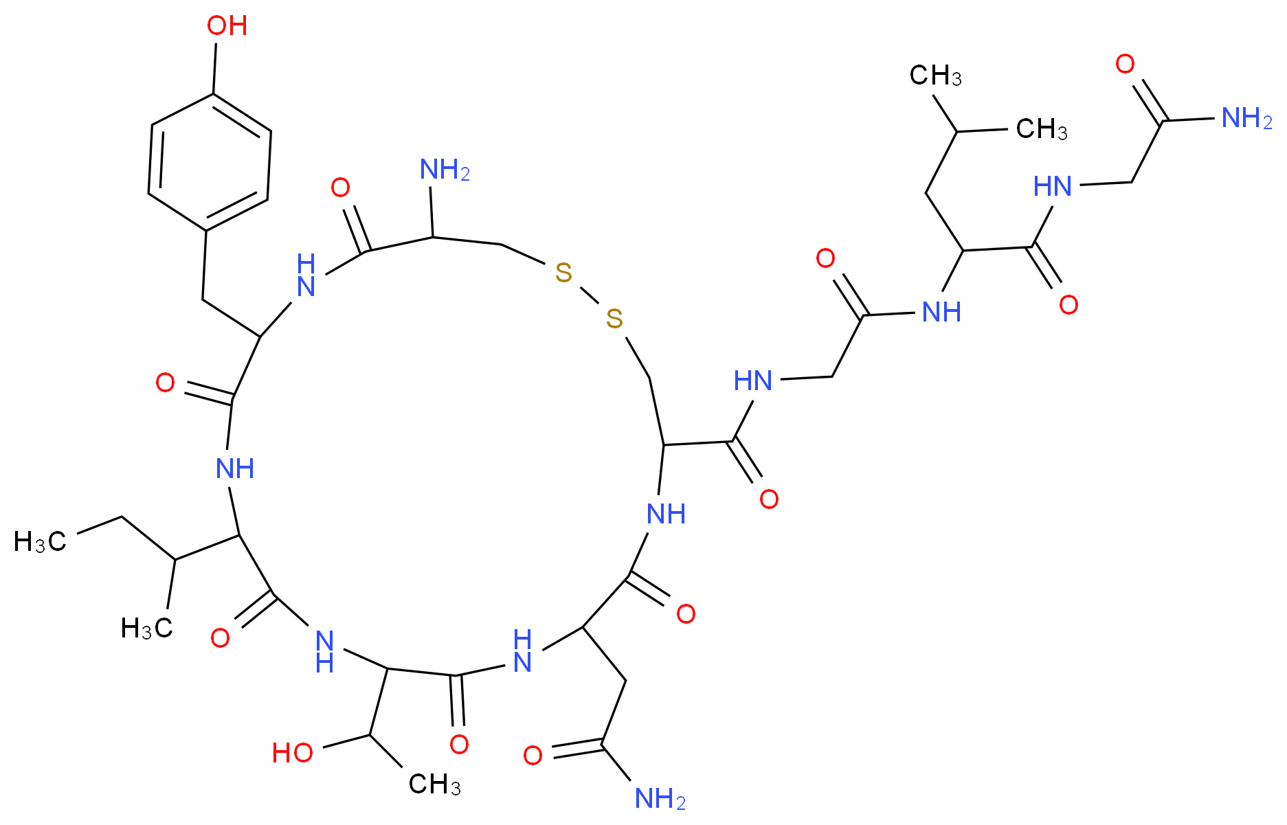 2-(2-{[19-amino-13-(butan-2-yl)-7-(carbamoylmethyl)-10-(1-hydroxyethyl)-16-[(4-hydroxyphenyl)methyl]-6,9,12,15,18-pentaoxo-1,2-dithia-5,8,11,14,17-pentaazacycloicosan-4-yl]formamido}acetamido)-N-(carbamoylmethyl)-4-methylpentanamide_分子结构_CAS_60786-59-6