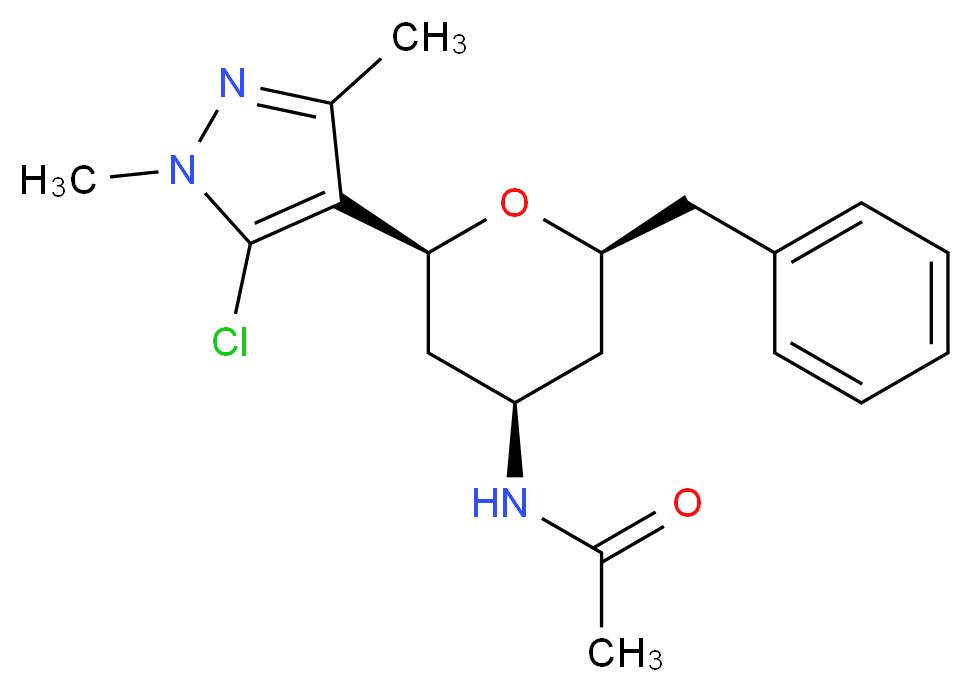 N-[(2S*,4R*,6S*)-2-benzyl-6-(5-chloro-1,3-dimethyl-1H-pyrazol-4-yl)tetrahydro-2H-pyran-4-yl]acetamide_分子结构_CAS_)
