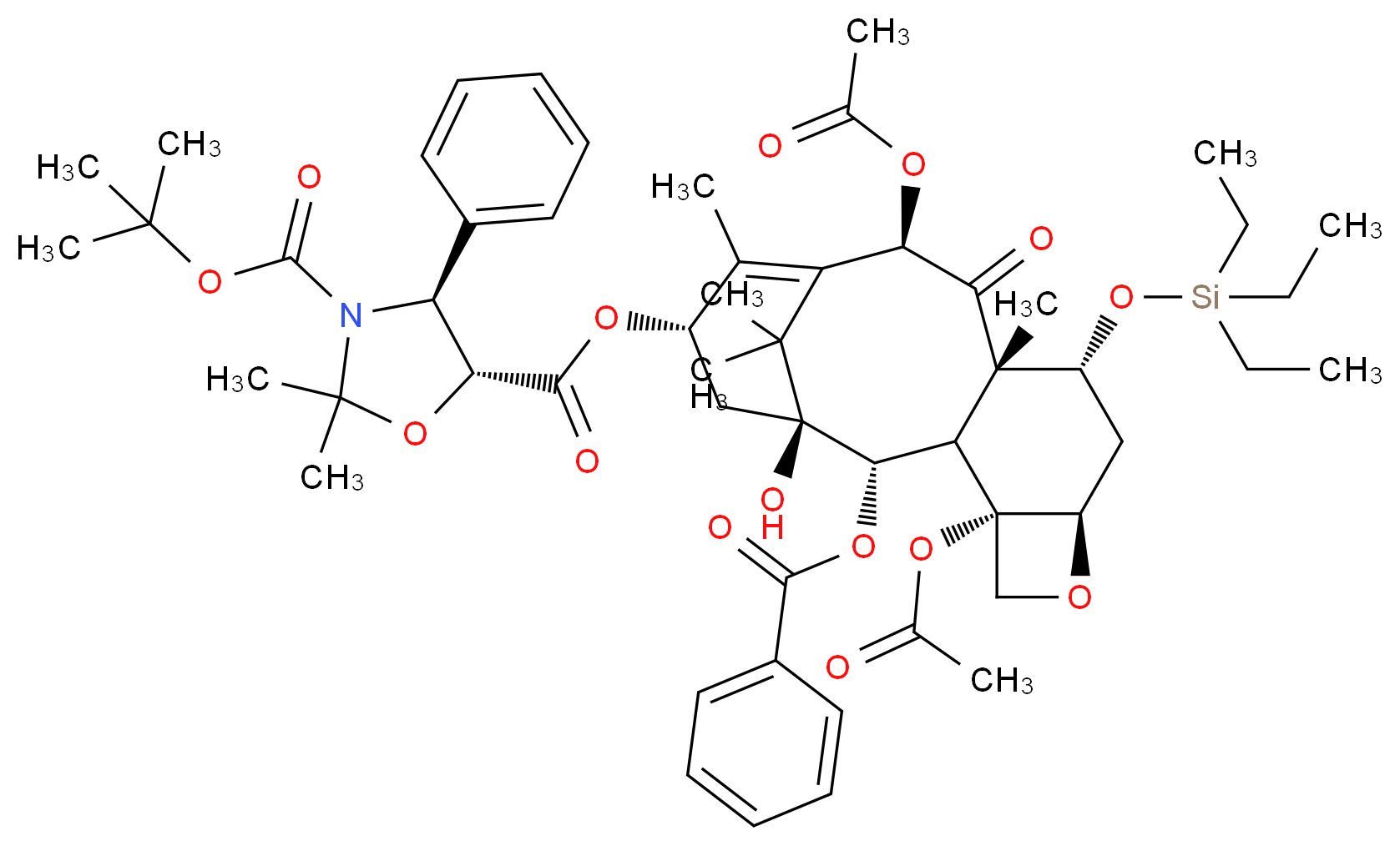 5-(1S,2S,4S,7R,9R,10S,12R,15S)-4,12-bis(acetyloxy)-2-(benzoyloxy)-1-hydroxy-10,14,17,17-tetramethyl-11-oxo-9-[(triethylsilyl)oxy]-6-oxatetracyclo[11.3.1.0<sup>3</sup>,<sup>1</sup><sup>0</sup>.0<sup>4</sup>,<sup>7</sup>]heptadec-13-en-15-yl 3-tert-butyl (4S,5R)-2,2-dimethyl-4-phenyl-1,3-oxazolidine-3,5-dicarboxylate_分子结构_CAS_143527-71-3