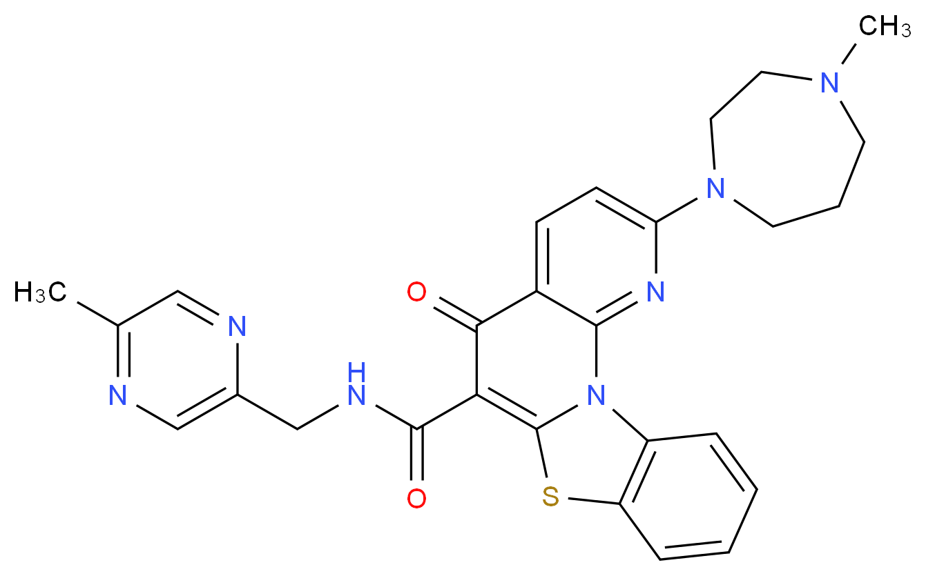 4-(4-methyl-1,4-diazepan-1-yl)-N-[(5-methylpyrazin-2-yl)methyl]-8-oxo-11-thia-1,3-diazatetracyclo[8.7.0.0^{2,7}.0^{12,17}]heptadeca-2,4,6,9,12,14,16-heptaene-9-carboxamide_分子结构_CAS_1138549-36-6