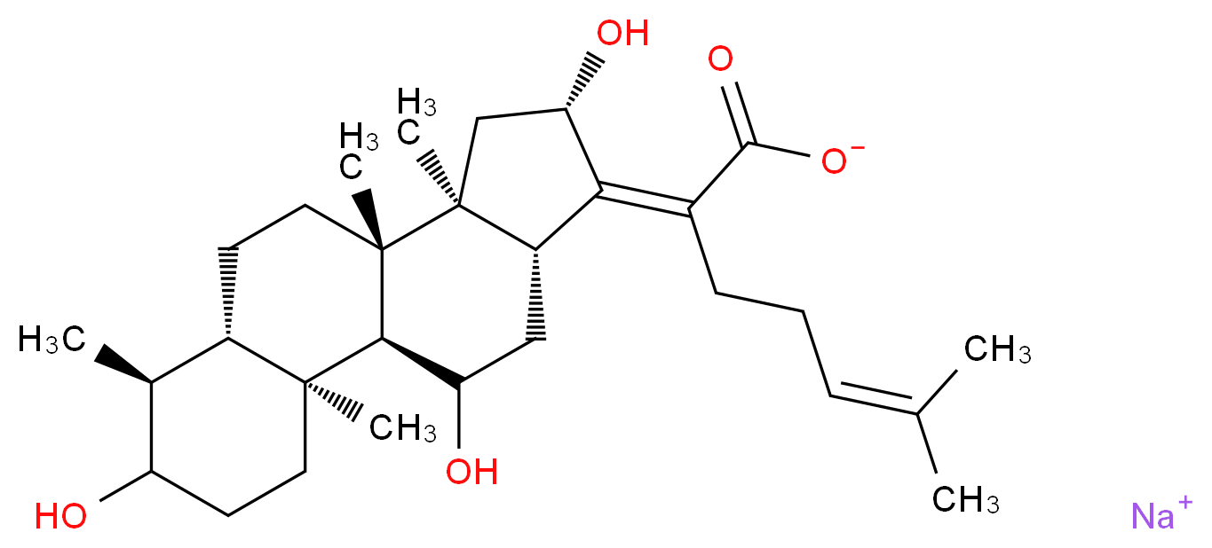 sodium 6-methyl-2-[(1S,2S,6S,7S,10S,11S,13S,14Z,15R)-5,13,17-trihydroxy-2,6,10,11-tetramethyltetracyclo[8.7.0.0<sup>2</sup>,<sup>7</sup>.0<sup>1</sup><sup>1</sup>,<sup>1</sup><sup>5</sup>]heptadecan-14-ylidene]hept-5-enoate_分子结构_CAS_55601-53-1