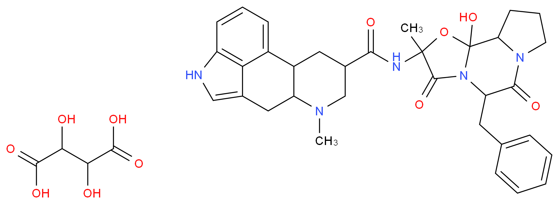 2,3-dihydroxybutanedioic acid; N-{7-benzyl-2-hydroxy-4-methyl-5,8-dioxo-3-oxa-6,9-diazatricyclo[7.3.0.0^{2,6}]dodecan-4-yl}-6-methyl-6,11-diazatetracyclo[7.6.1.0^{2,7}.0^{12,16}]hexadeca-1(16),9,12,14-tetraene-4-carboxamide_分子结构_CAS_5989-77-5