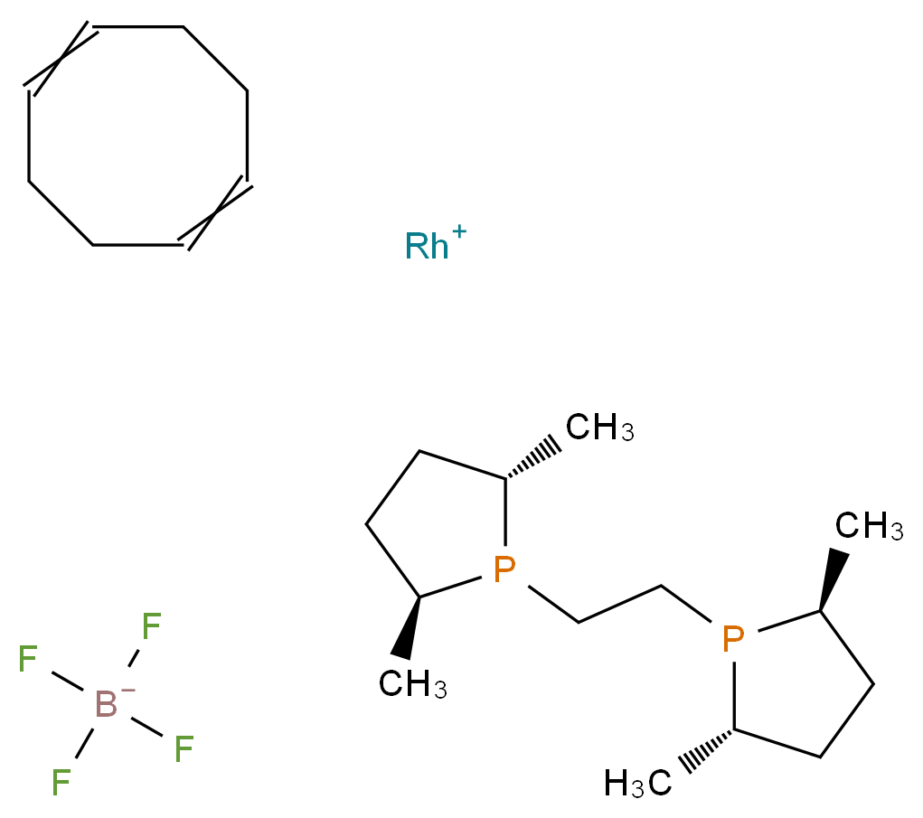 λ<sup>1</sup>-rhodium(1+) ion (2S,5S)-1-{2-[(2S,5S)-2,5-dimethylphospholan-1-yl]ethyl}-2,5-dimethylphospholane cycloocta-1,5-diene tetrafluoroboranuide_分子结构_CAS_213343-65-8