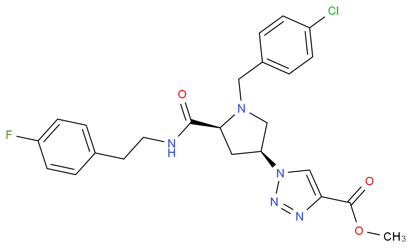 methyl 1-[(3S,5S)-1-(4-chlorobenzyl)-5-({[2-(4-fluorophenyl)ethyl]amino}carbonyl)-3-pyrrolidinyl]-1H-1,2,3-triazole-4-carboxylate_分子结构_CAS_)