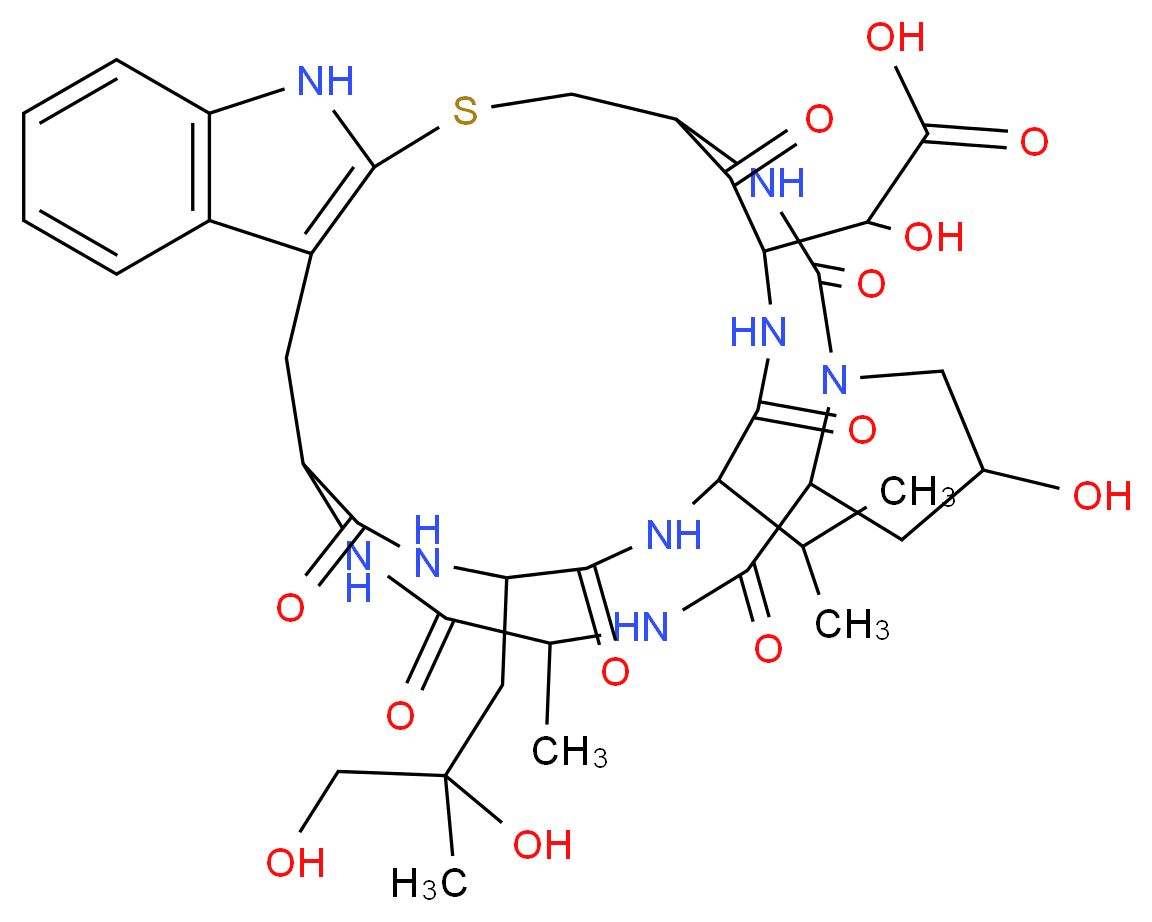 2-[29-(2,3-dihydroxy-2-methylpropyl)-19-hydroxy-24-methyl-16,22,25,27,30,33,36-heptaoxo-32-(propan-2-yl)-12-thia-10,15,17,23,26,28,31,34-octaazapentacyclo[12.12.10.0^{3,11}.0^{4,9}.0^{17,21}]hexatriaconta-3(11),4,6,8-tetraen-35-yl]-2-hydroxyacetic acid_分子结构_CAS_26645-35-2