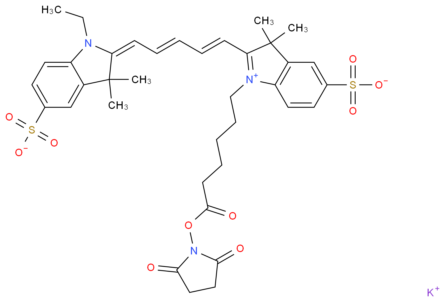 Cyanine 5 Monofunctional Hexanoic Acid Dye, Succinimidyl Ester, Potassium Salt_分子结构_CAS_1358906-77-0)