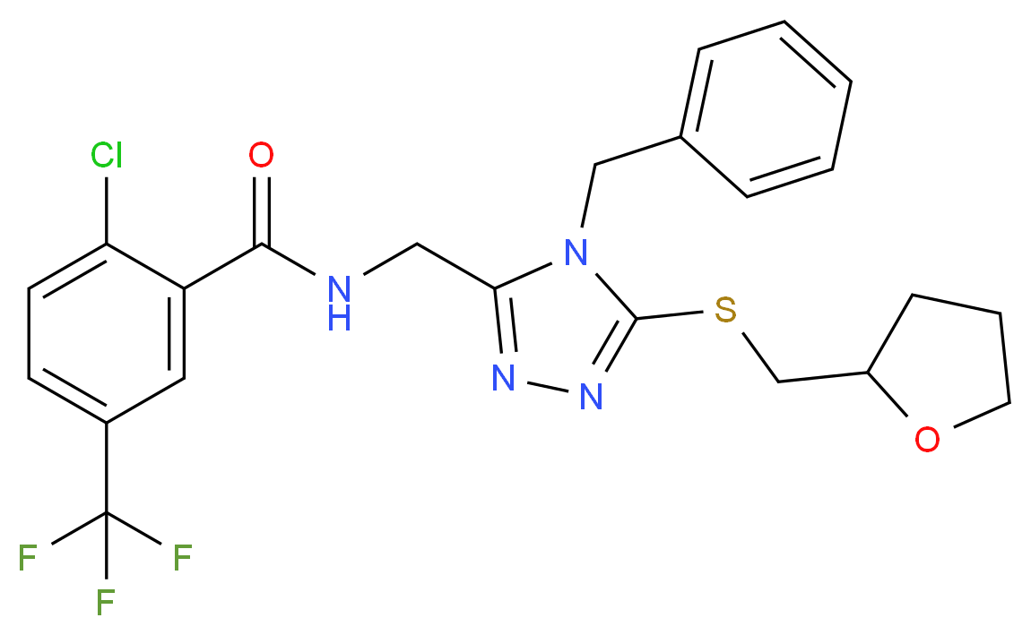 N-({4-benzyl-5-[(tetrahydro-2-furanylmethyl)thio]-4H-1,2,4-triazol-3-yl}methyl)-2-chloro-5-(trifluoromethyl)benzamide_分子结构_CAS_)
