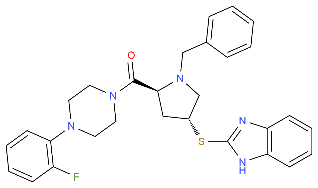 2-[((3R,5S)-1-benzyl-5-{[4-(2-fluorophenyl)-1-piperazinyl]carbonyl}-3-pyrrolidinyl)thio]-1H-benzimidazole_分子结构_CAS_)