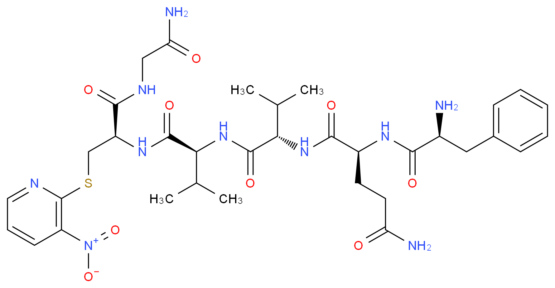 (2S)-2-[(2S)-2-amino-3-phenylpropanamido]-N-[(1S)-1-{[(1S)-1-{[(1R)-1-[(carbamoylmethyl)carbamoyl]-2-[(3-nitropyridin-2-yl)sulfanyl]ethyl]carbamoyl}-2-methylpropyl]carbamoyl}-2-methylpropyl]pentanediamide_分子结构_CAS_128102-74-9