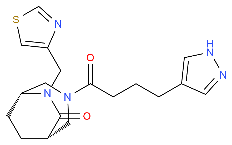 (1S*,5R*)-3-[4-(1H-pyrazol-4-yl)butanoyl]-6-(1,3-thiazol-4-ylmethyl)-3,6-diazabicyclo[3.2.2]nonan-7-one_分子结构_CAS_)