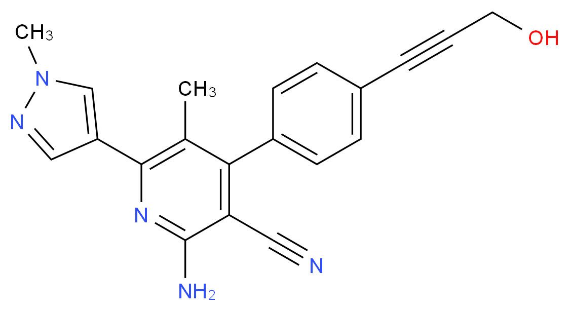 2-amino-4-[4-(3-hydroxyprop-1-yn-1-yl)phenyl]-5-methyl-6-(1-methyl-1H-pyrazol-4-yl)nicotinonitrile_分子结构_CAS_)
