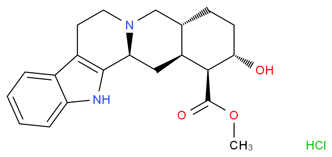 methyl (1S,15R,18S,19S,20S)-18-hydroxy-3,13-diazapentacyclo[11.8.0.0<sup>2</sup>,<sup>1</sup><sup>0</sup>.0<sup>4</sup>,<sup>9</sup>.0<sup>1</sup><sup>5</sup>,<sup>2</sup><sup>0</sup>]henicosa-2(10),4,6,8-tetraene-19-carboxylate hydrochloride_分子结构_CAS_66634-44-4