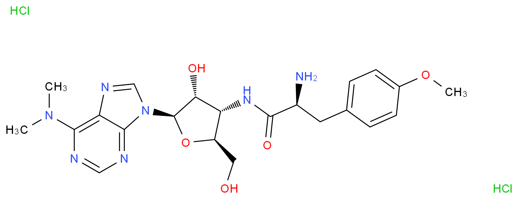 (2S)-2-amino-N-[(2S,3S,4R,5R)-5-[6-(dimethylamino)-9H-purin-9-yl]-4-hydroxy-2-(hydroxymethyl)oxolan-3-yl]-3-(4-methoxyphenyl)propanamide dihydrochloride_分子结构_CAS_58-58-2