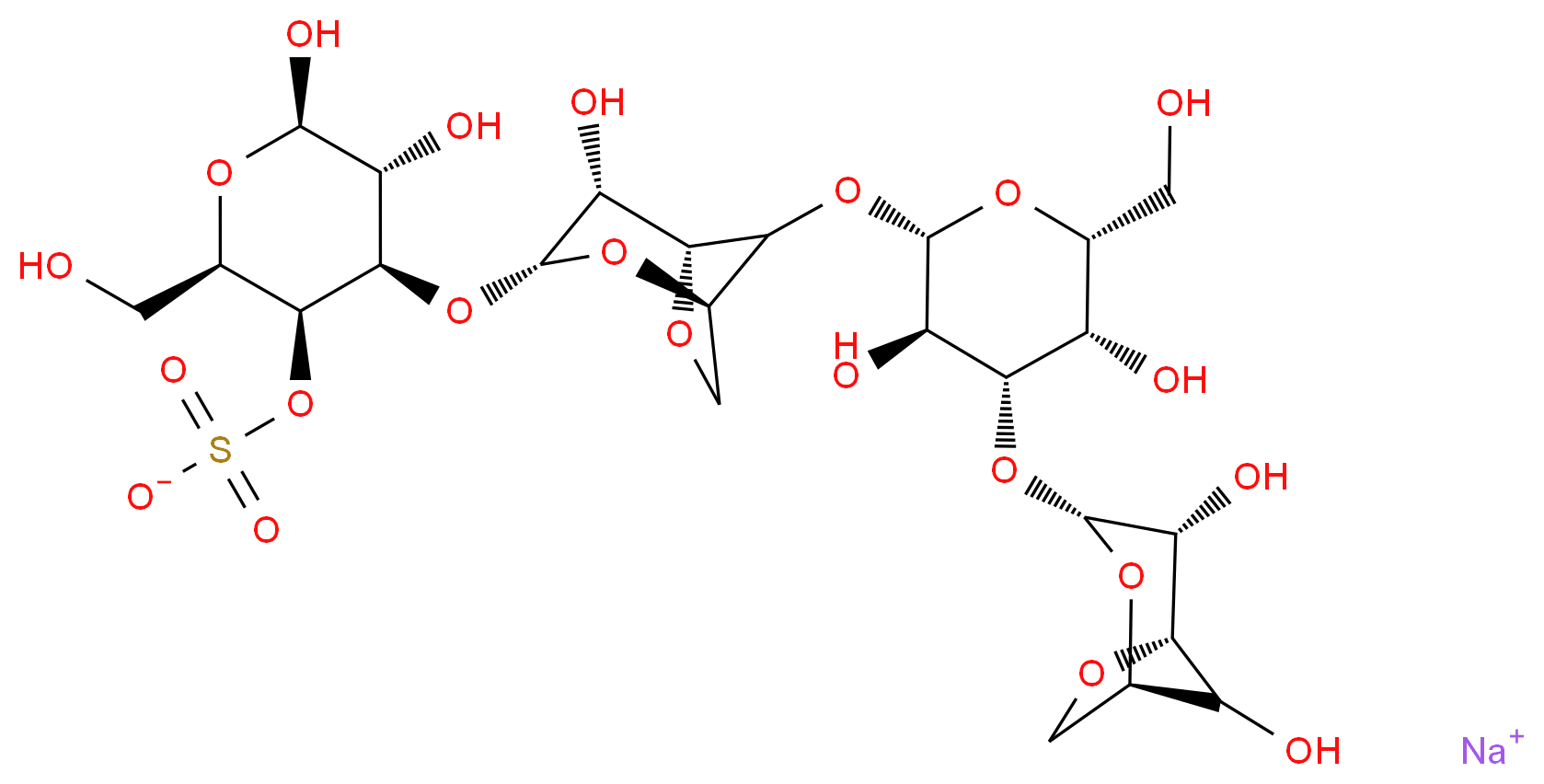 sodium (2R,3S,4R,5R,6R)-4-{[(1R,3R,4R,5R)-8-{[(2S,3R,4S,5S,6R)-4-{[(1R,3R,4R,5S)-4,8-dihydroxy-2,6-dioxabicyclo[3.2.1]octan-3-yl]oxy}-3,5-dihydroxy-6-(hydroxymethyl)oxan-2-yl]oxy}-4-hydroxy-2,6-dioxabicyclo[3.2.1]octan-3-yl]oxy}-5,6-dihydroxy-2-(hydroxymethyl)oxan-3-yl sulfate_分子结构_CAS_108321-78-4