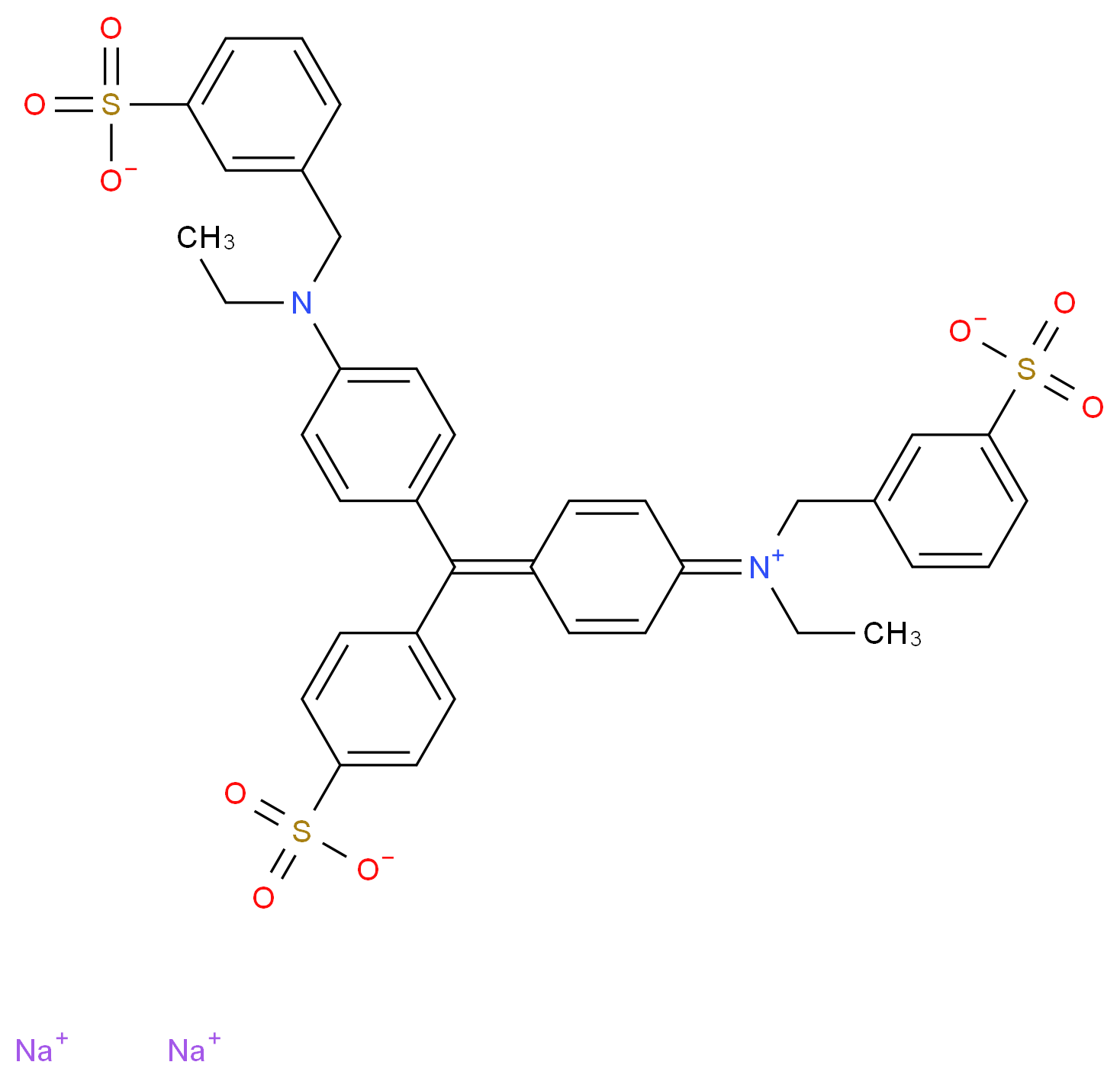 disodium 3-{[ethyl({4-[(4-{ethyl[(3-sulfonatophenyl)methyl]iminiumyl}cyclohexa-2,5-dien-1-ylidene)(4-sulfonatophenyl)methyl]phenyl})amino]methyl}benzene-1-sulfonate_分子结构_CAS_5141-20-8