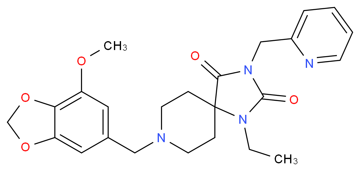 1-ethyl-8-[(7-methoxy-1,3-benzodioxol-5-yl)methyl]-3-(2-pyridinylmethyl)-1,3,8-triazaspiro[4.5]decane-2,4-dione_分子结构_CAS_)