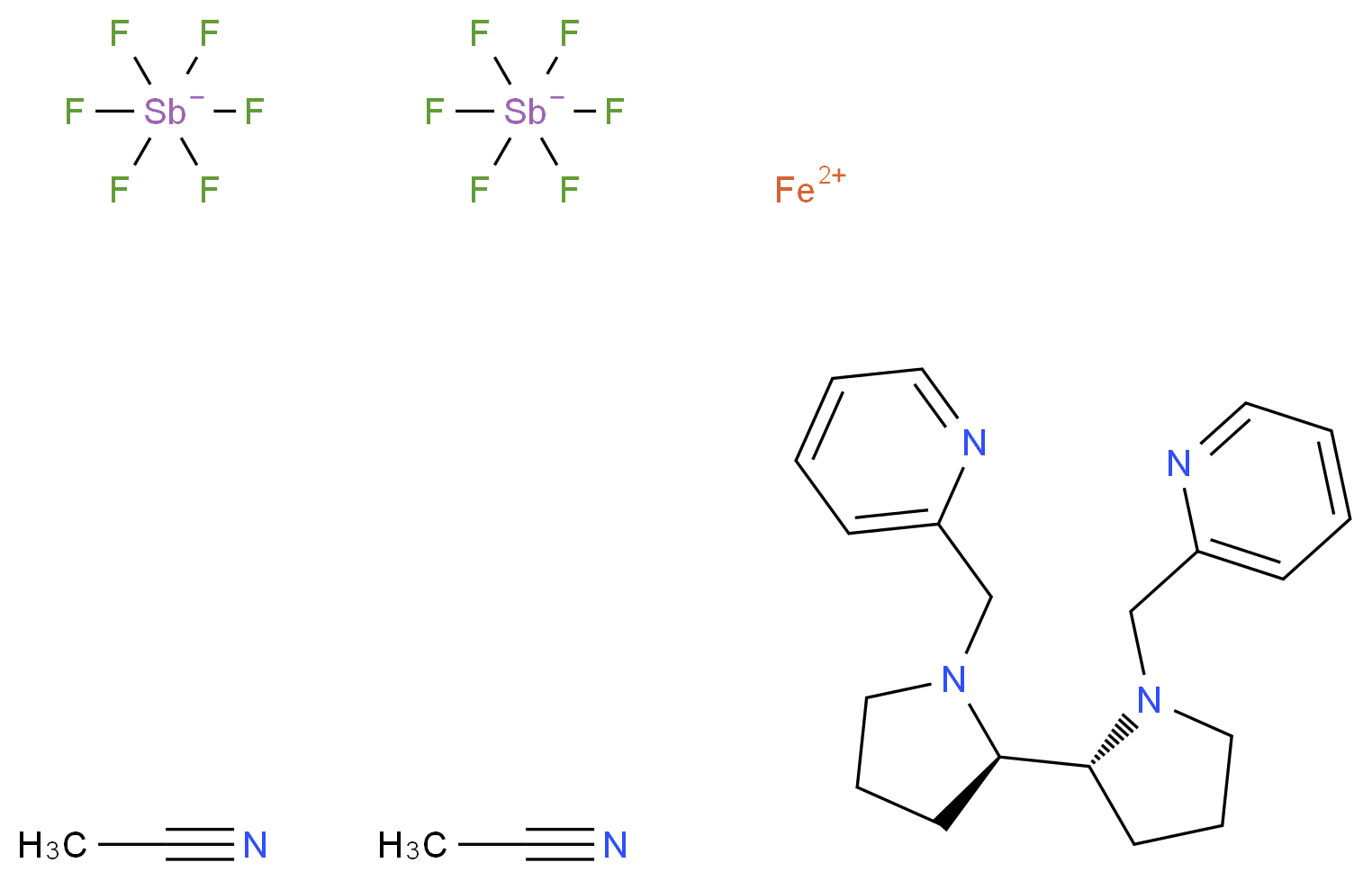(2S,2′S-(-)-[N,N′-双(2-吡啶基甲基)]-2,2′-二吡咯烷双(乙腈)六氟锑酸铁(II)_分子结构_CAS_959395-10-9)