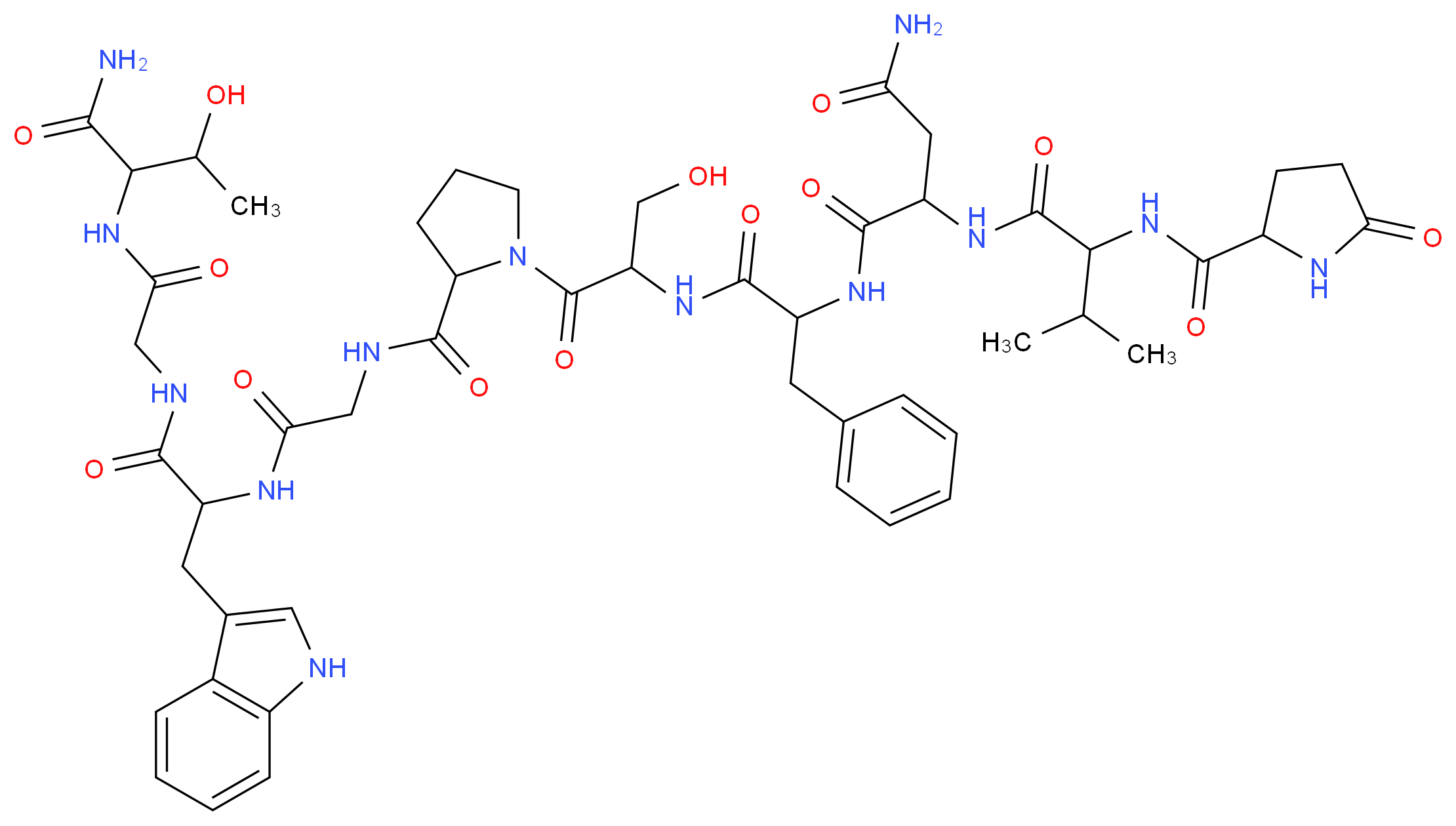 N-{1-[(1-{2-[({[1-({[(1-carbamoyl-2-hydroxypropyl)carbamoyl]methyl}carbamoyl)-2-(1H-indol-3-yl)ethyl]carbamoyl}methyl)carbamoyl]pyrrolidin-1-yl}-3-hydroxy-1-oxopropan-2-yl)carbamoyl]-2-phenylethyl}-2-{3-methyl-2-[(5-oxopyrrolidin-2-yl)formamido]butanamido}butanediamide_分子结构_CAS_106018-36-4