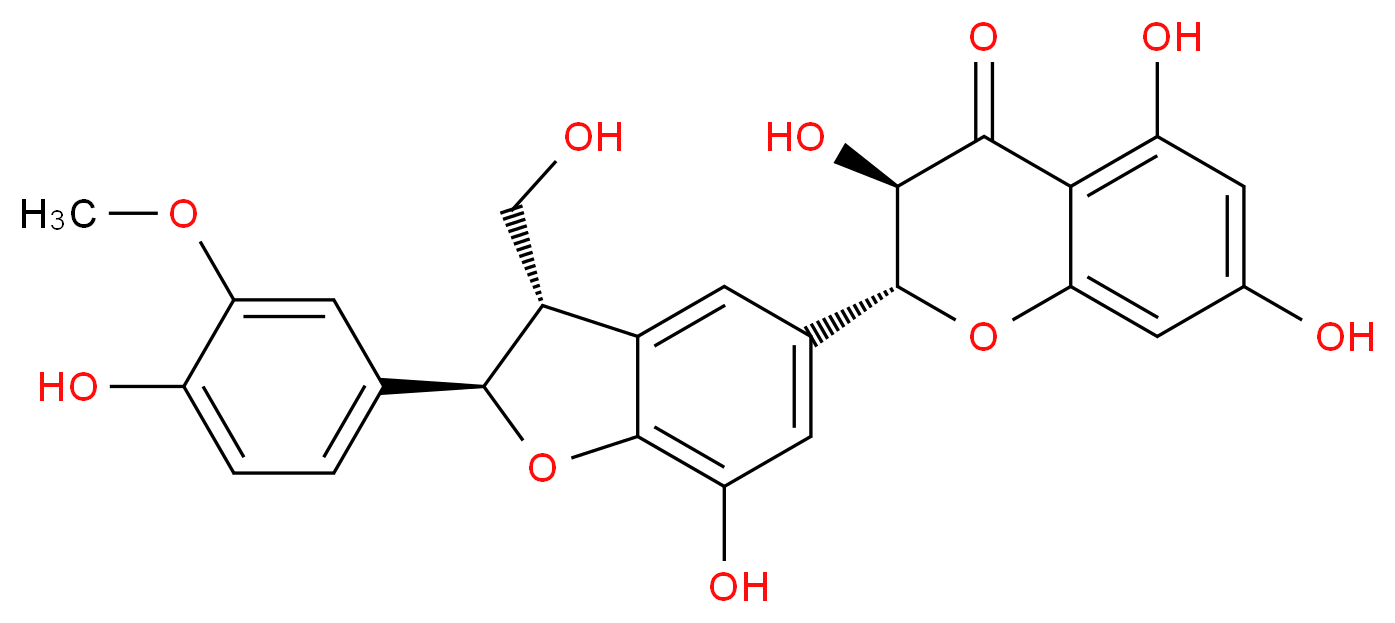 (2R,3R)-3,5,7-trihydroxy-2-[(2R,3S)-7-hydroxy-2-(4-hydroxy-3-methoxyphenyl)-3-(hydroxymethyl)-2,3-dihydro-1-benzofuran-5-yl]-3,4-dihydro-2H-1-benzopyran-4-one_分子结构_CAS_33889-69-9