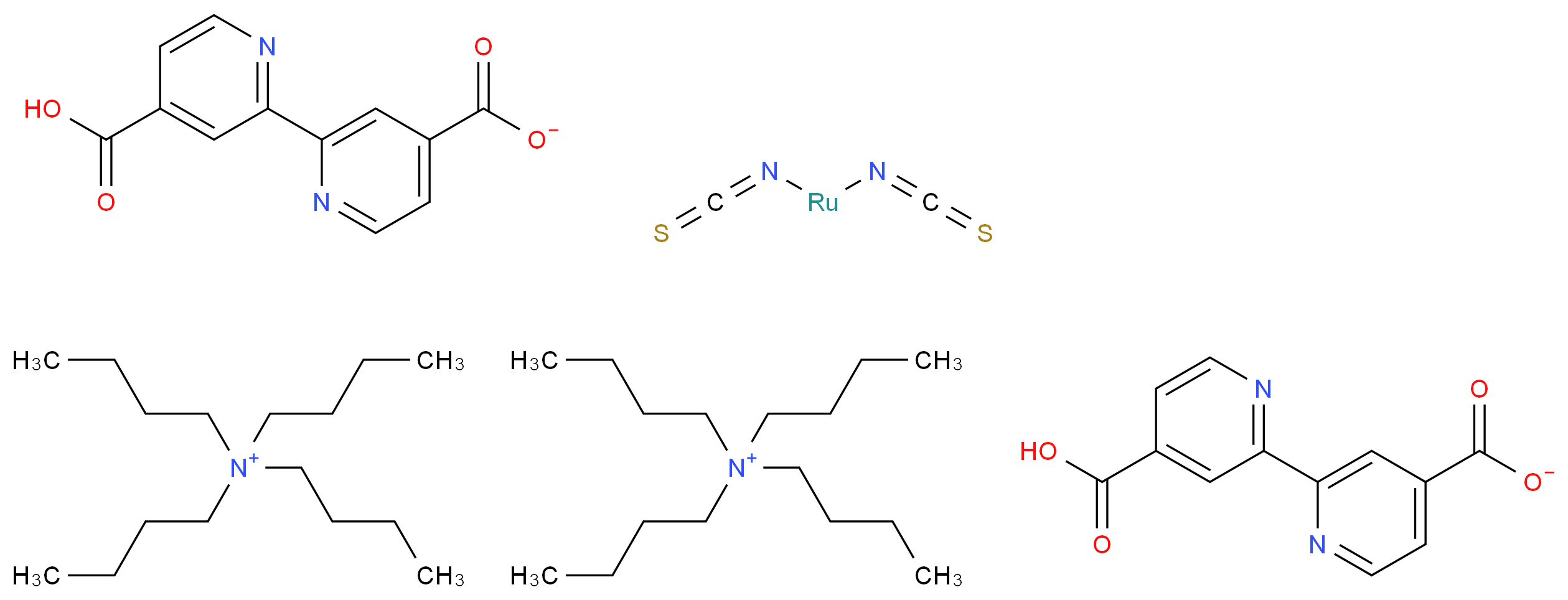 diisothiocyanatoruthenium bis(tetrabutylazanium) bis(2-(4-carboxypyridin-2-yl)pyridine-4-carboxylate)_分子结构_CAS_207347-46-4