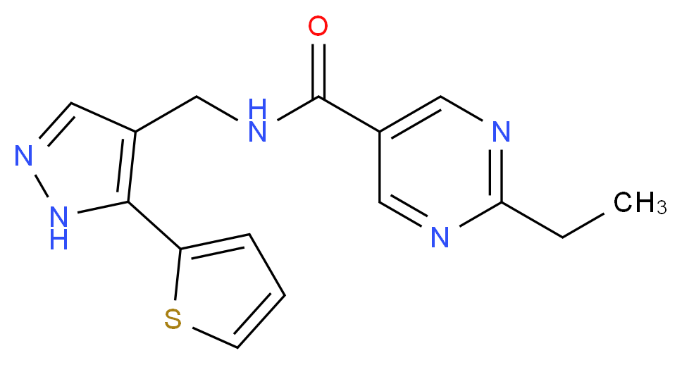 2-ethyl-N-{[5-(2-thienyl)-1H-pyrazol-4-yl]methyl}pyrimidine-5-carboxamide_分子结构_CAS_)