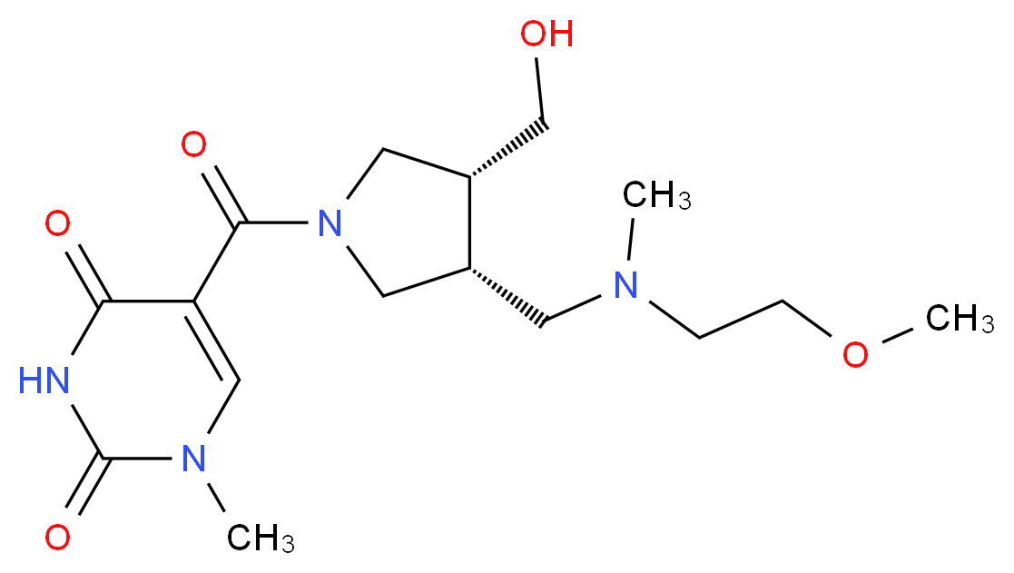 5-[((3R*,4R*)-3-(hydroxymethyl)-4-{[(2-methoxyethyl)(methyl)amino]methyl}pyrrolidin-1-yl)carbonyl]-1-methylpyrimidine-2,4(1H,3H)-dione_分子结构_CAS_)