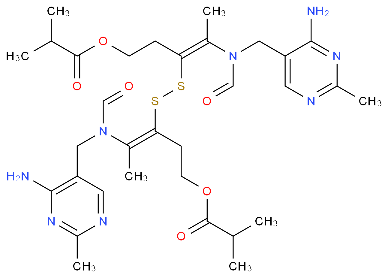 (3Z)-4-{N-[(4-amino-2-methylpyrimidin-5-yl)methyl]formamido}-3-{[(2Z)-2-{N-[(4-amino-2-methylpyrimidin-5-yl)methyl]formamido}-5-[(2-methylpropanoyl)oxy]pent-2-en-3-yl]disulfanyl}pent-3-en-1-yl 2-methylpropanoate_分子结构_CAS_3286-46-2