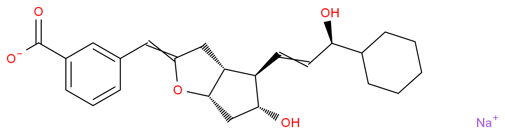 sodium 3-{[(3aR,4R,5R,6aS)-4-[(3S)-3-cyclohexyl-3-hydroxyprop-1-en-1-yl]-5-hydroxy-hexahydro-2H-cyclopenta[b]furan-2-ylidene]methyl}benzoate_分子结构_CAS_87440-45-7