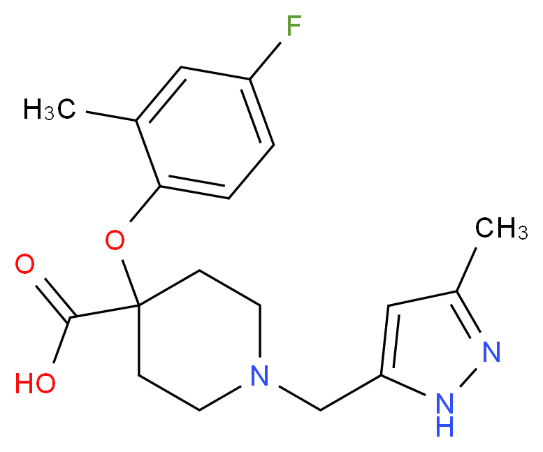 4-(4-fluoro-2-methylphenoxy)-1-[(3-methyl-1H-pyrazol-5-yl)methyl]piperidine-4-carboxylic acid_分子结构_CAS_)