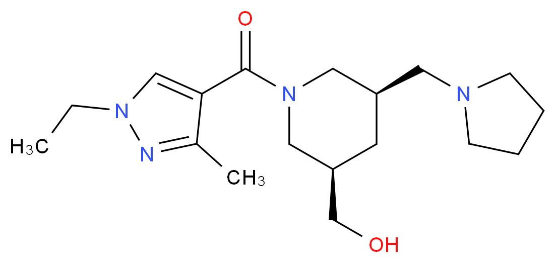 [(3R*,5R*)-1-[(1-ethyl-3-methyl-1H-pyrazol-4-yl)carbonyl]-5-(1-pyrrolidinylmethyl)-3-piperidinyl]methanol_分子结构_CAS_)