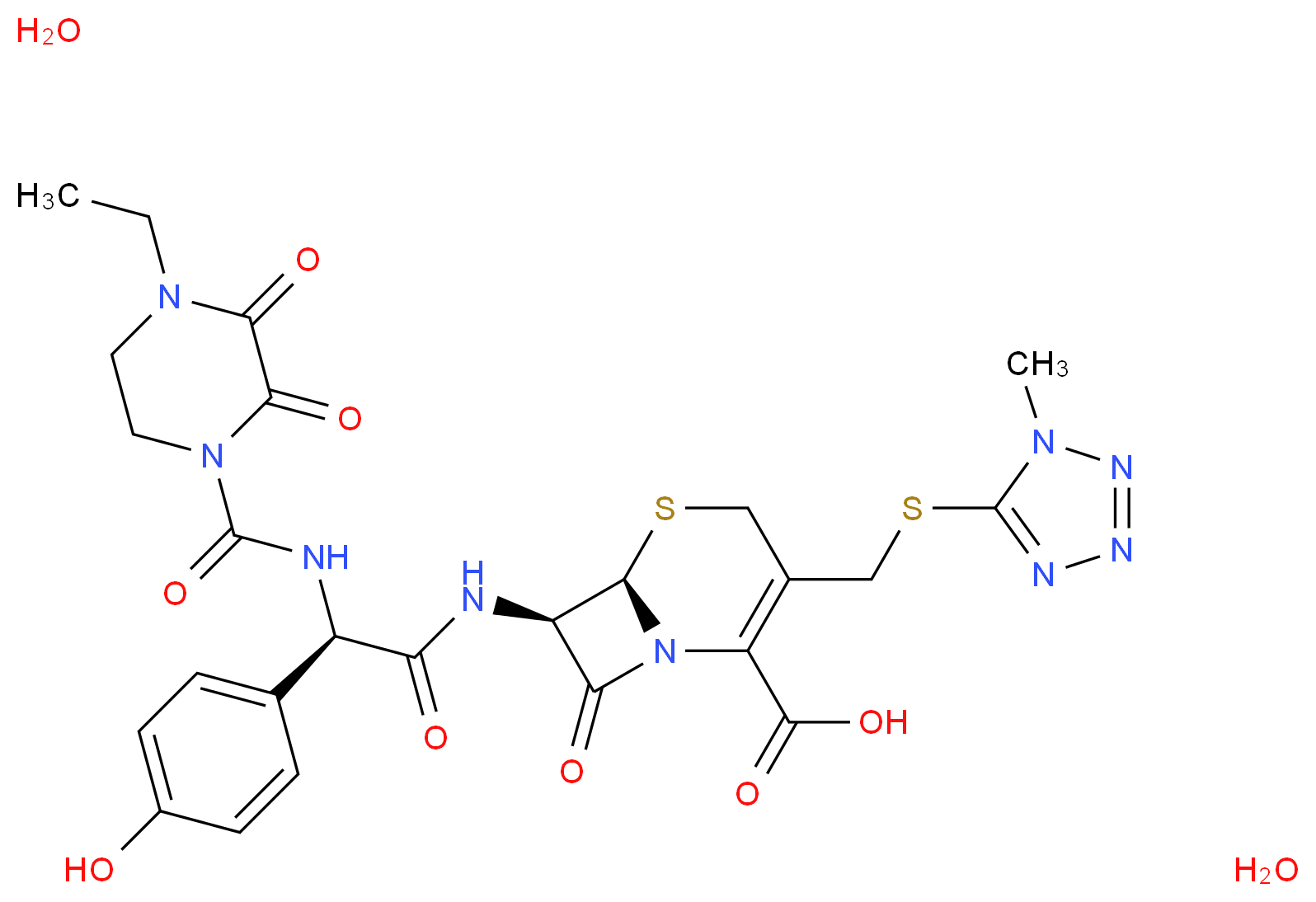 (6R,7R)-7-[(2R)-2-[(4-ethyl-2,3-dioxopiperazine-1-carbonyl)amino]-2-(4-hydroxyphenyl)acetamido]-3-{[(1-methyl-1H-1,2,3,4-tetrazol-5-yl)sulfanyl]methyl}-8-oxo-5-thia-1-azabicyclo[4.2.0]oct-2-ene-2-carboxylic acid dihydrate_分子结构_CAS_113826-44-1