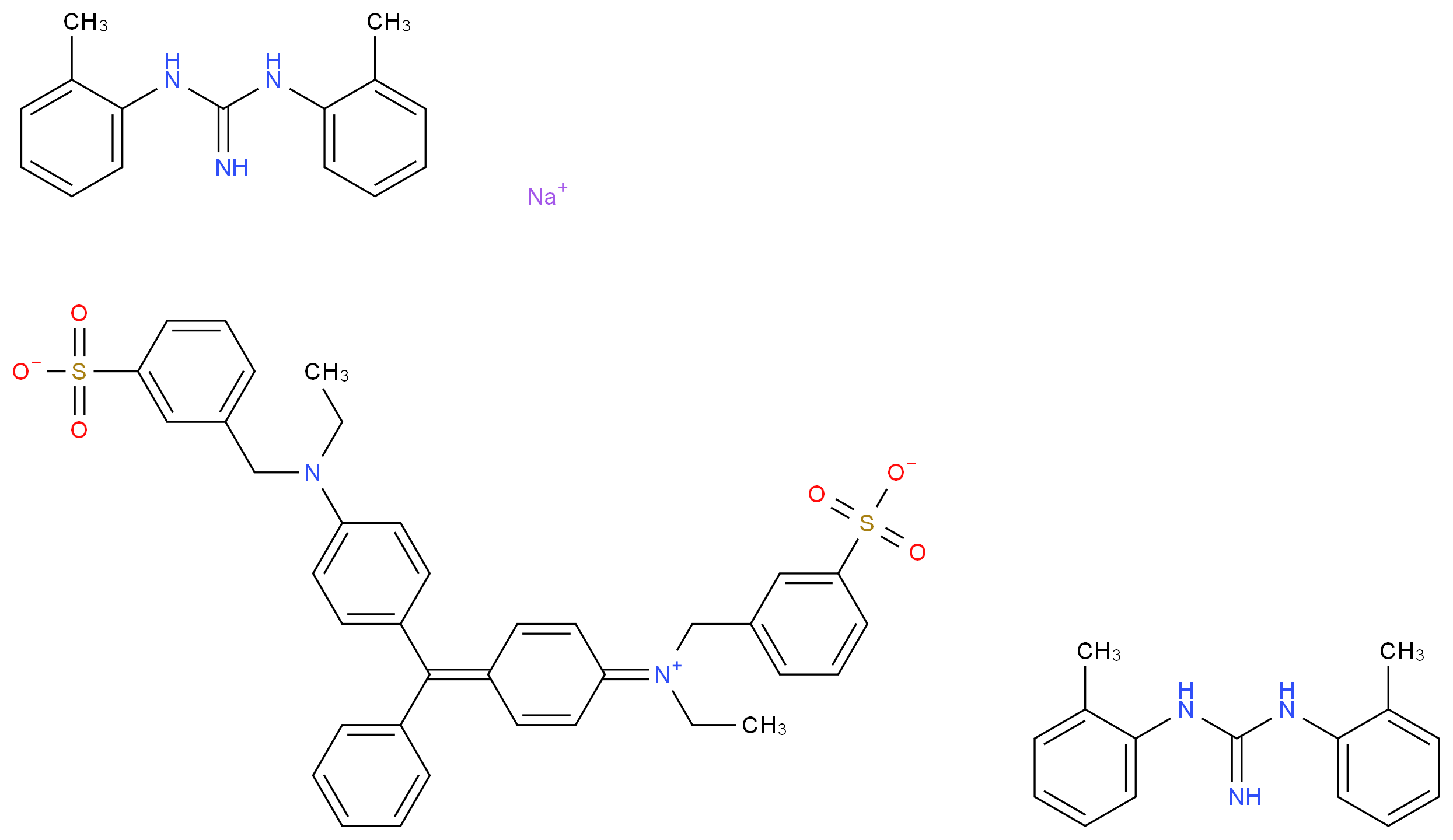 sodium bis(1,3-bis(2-methylphenyl)guanidine) 3-{[ethyl({4-[(4-{ethyl[(3-sulfonatophenyl)methyl]iminiumyl}cyclohexa-2,5-dien-1-ylidene)(phenyl)methyl]phenyl})amino]methyl}benzene-1-sulfonate_分子结构_CAS_71799-14-9