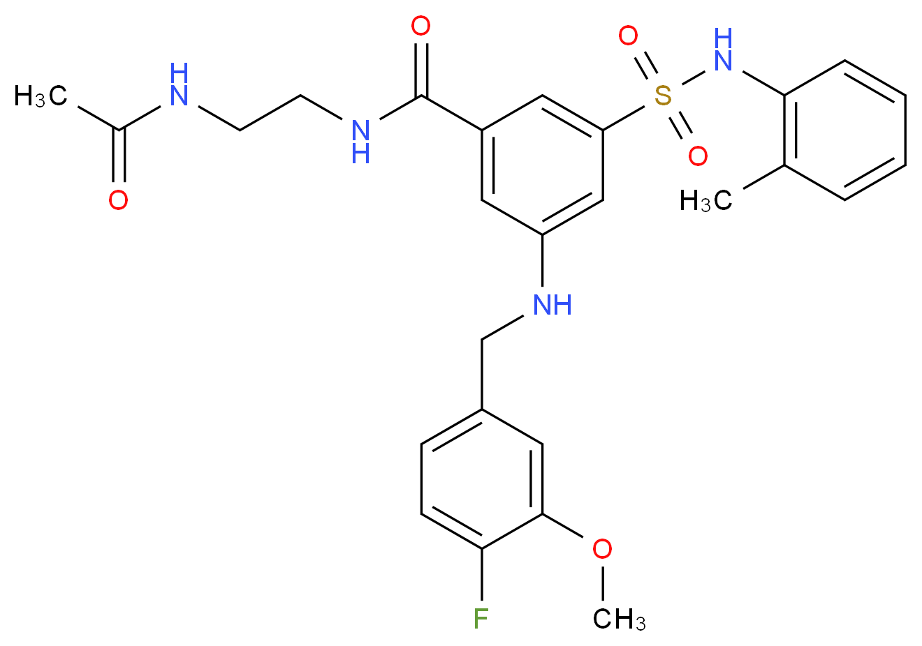 N-[2-(acetylamino)ethyl]-3-[(4-fluoro-3-methoxybenzyl)amino]-5-{[(2-methylphenyl)amino]sulfonyl}benzamide_分子结构_CAS_)