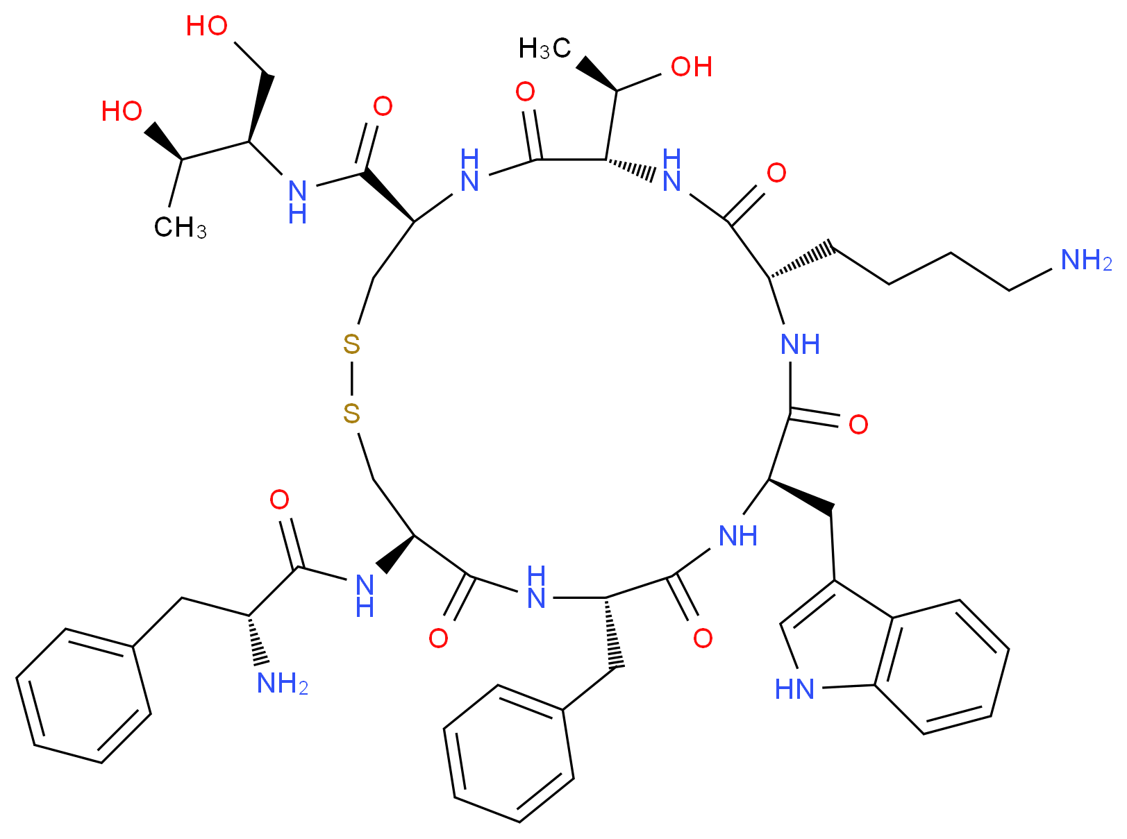 (4R,7S,10S,13R,16S,19R)-19-[(2R)-2-amino-3-phenylpropanamido]-10-(4-aminobutyl)-16-benzyl-N-[(2R,3R)-1,3-dihydroxybutan-2-yl]-7-[(1R)-1-hydroxyethyl]-13-(1H-indol-3-ylmethyl)-6,9,12,15,18-pentaoxo-1,2-dithia-5,8,11,14,17-pentaazacycloicosane-4-carboxamide_分子结构_CAS_83150-76-9