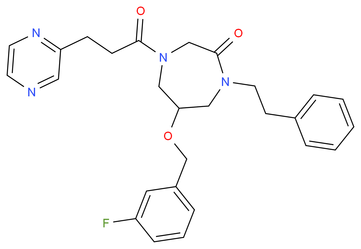 6-[(3-fluorobenzyl)oxy]-1-(2-phenylethyl)-4-[3-(2-pyrazinyl)propanoyl]-1,4-diazepan-2-one_分子结构_CAS_)