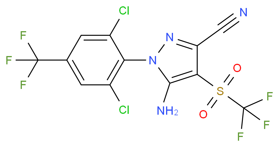 5-amino-1-[2,6-dichloro-4-(trifluoromethyl)phenyl]-4-trifluoromethanesulfonyl-1H-pyrazole-3-carbonitrile_分子结构_CAS_120068-36-2