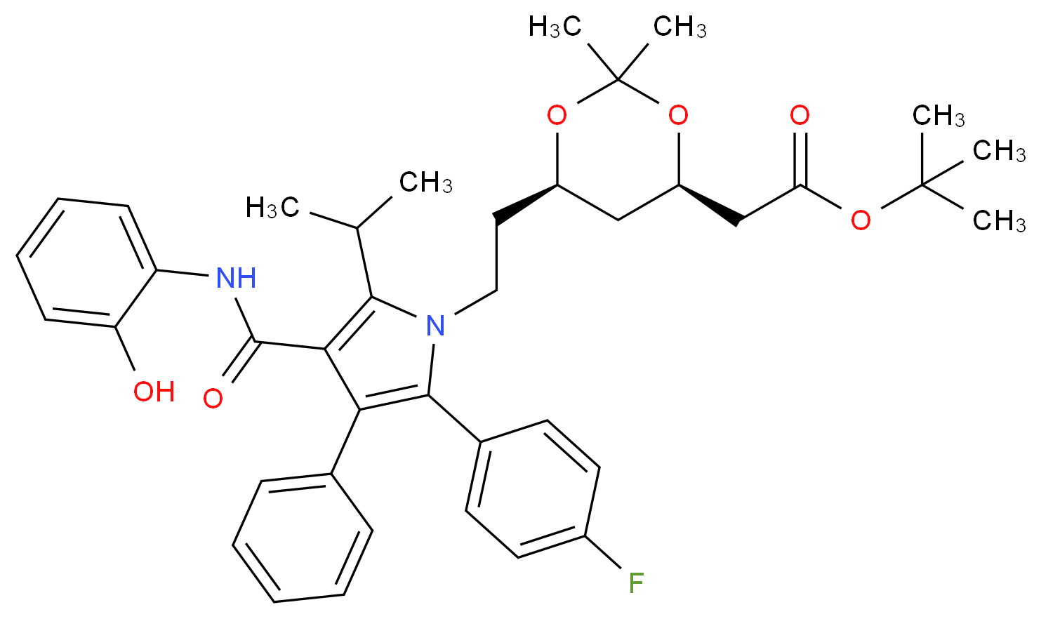 (6-{2-[2-(4-Fluoro-phenyl)-4-(2-hydroxy-phenylcarbamoyl)-5-isopropyl-3-phenyl-pyrrol-1-yl]-ethyl}-2,2-dimethyl-[1,3]-dioxane-4-yl)-acetic Acid, tert-Butyl Ester_分子结构_CAS_265989-40-0)