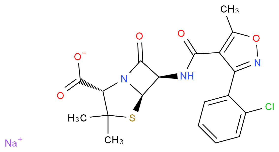 sodium (2S,5R,6R)-6-[3-(2-chlorophenyl)-5-methyl-1,2-oxazole-4-amido]-3,3-dimethyl-7-oxo-4-thia-1-azabicyclo[3.2.0]heptane-2-carboxylate_分子结构_CAS_642-78-4