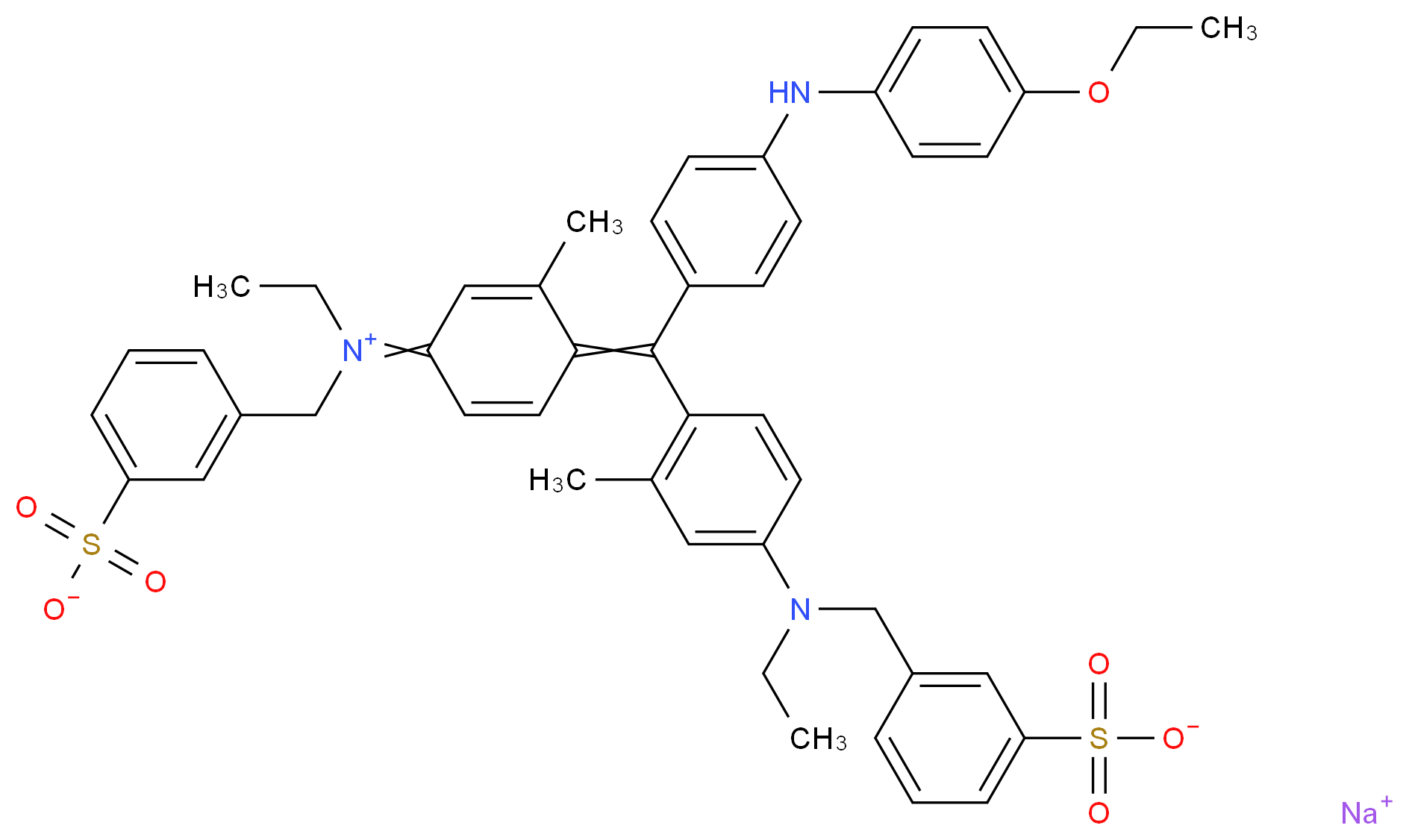 sodium 3-({[4-({4-[(4-ethoxyphenyl)amino]phenyl}(4-{ethyl[(3-sulfonatophenyl)methyl]iminiumyl}-2-methylcyclohexa-2,5-dien-1-ylidene)methyl)-3-methylphenyl](ethyl)amino}methyl)benzene-1-sulfonate_分子结构_CAS_6104-58-1