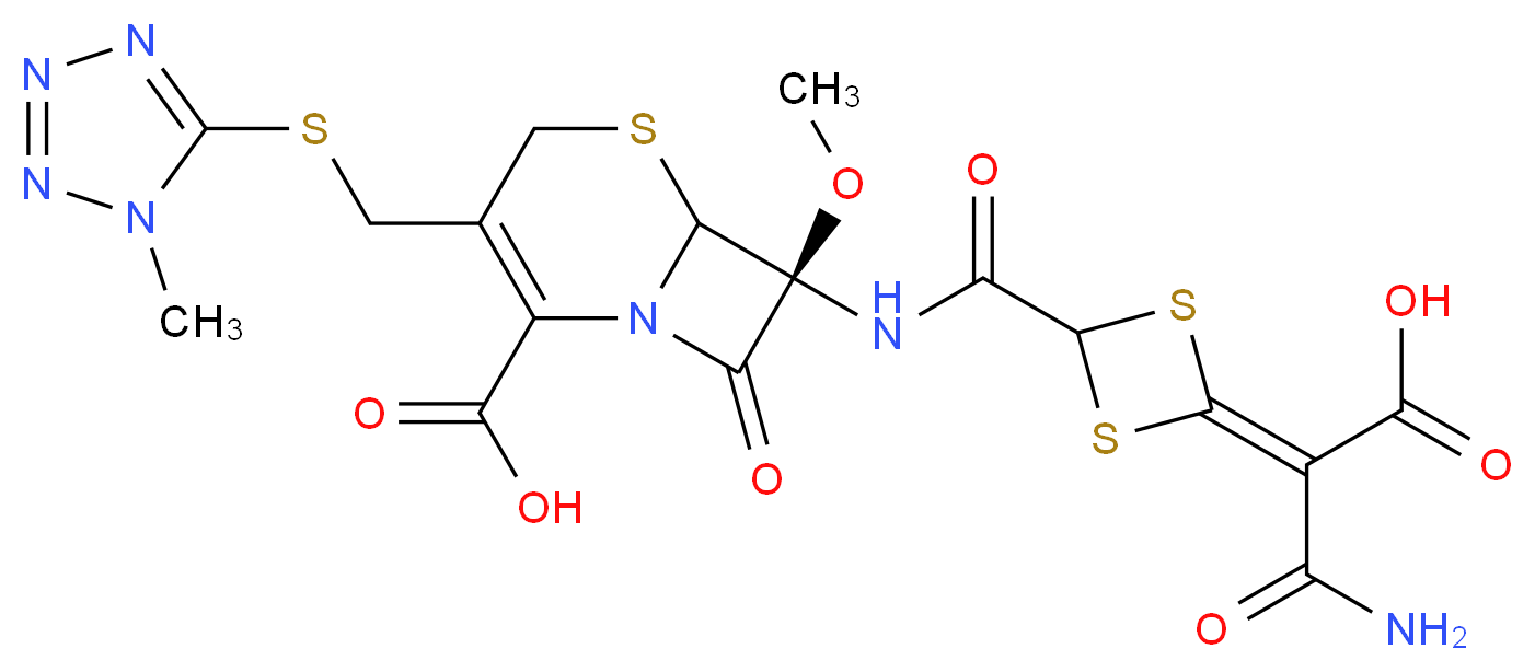 (7S)-7-{4-[carbamoyl(carboxy)methylidene]-1,3-dithietane-2-amido}-7-methoxy-3-{[(1-methyl-1H-1,2,3,4-tetrazol-5-yl)sulfanyl]methyl}-8-oxo-5-thia-1-azabicyclo[4.2.0]oct-2-ene-2-carboxylic acid_分子结构_CAS_69712-56-7