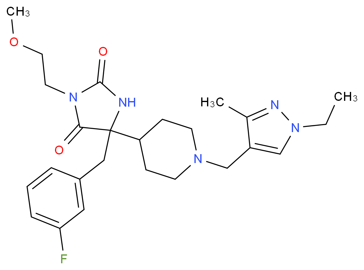 5-{1-[(1-ethyl-3-methyl-1H-pyrazol-4-yl)methyl]-4-piperidinyl}-5-(3-fluorobenzyl)-3-(2-methoxyethyl)-2,4-imidazolidinedione_分子结构_CAS_)