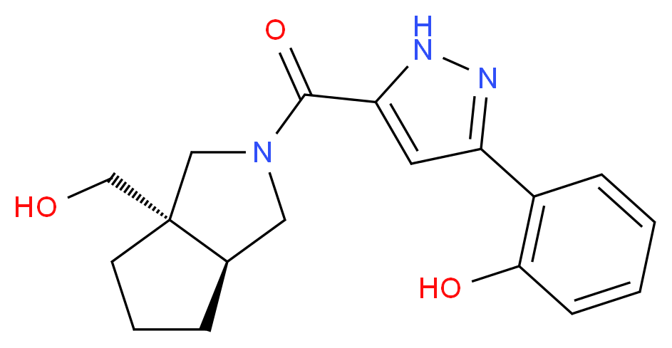 2-(5-{[(3aS*,6aS*)-3a-(hydroxymethyl)hexahydrocyclopenta[c]pyrrol-2(1H)-yl]carbonyl}-1H-pyrazol-3-yl)phenol_分子结构_CAS_)