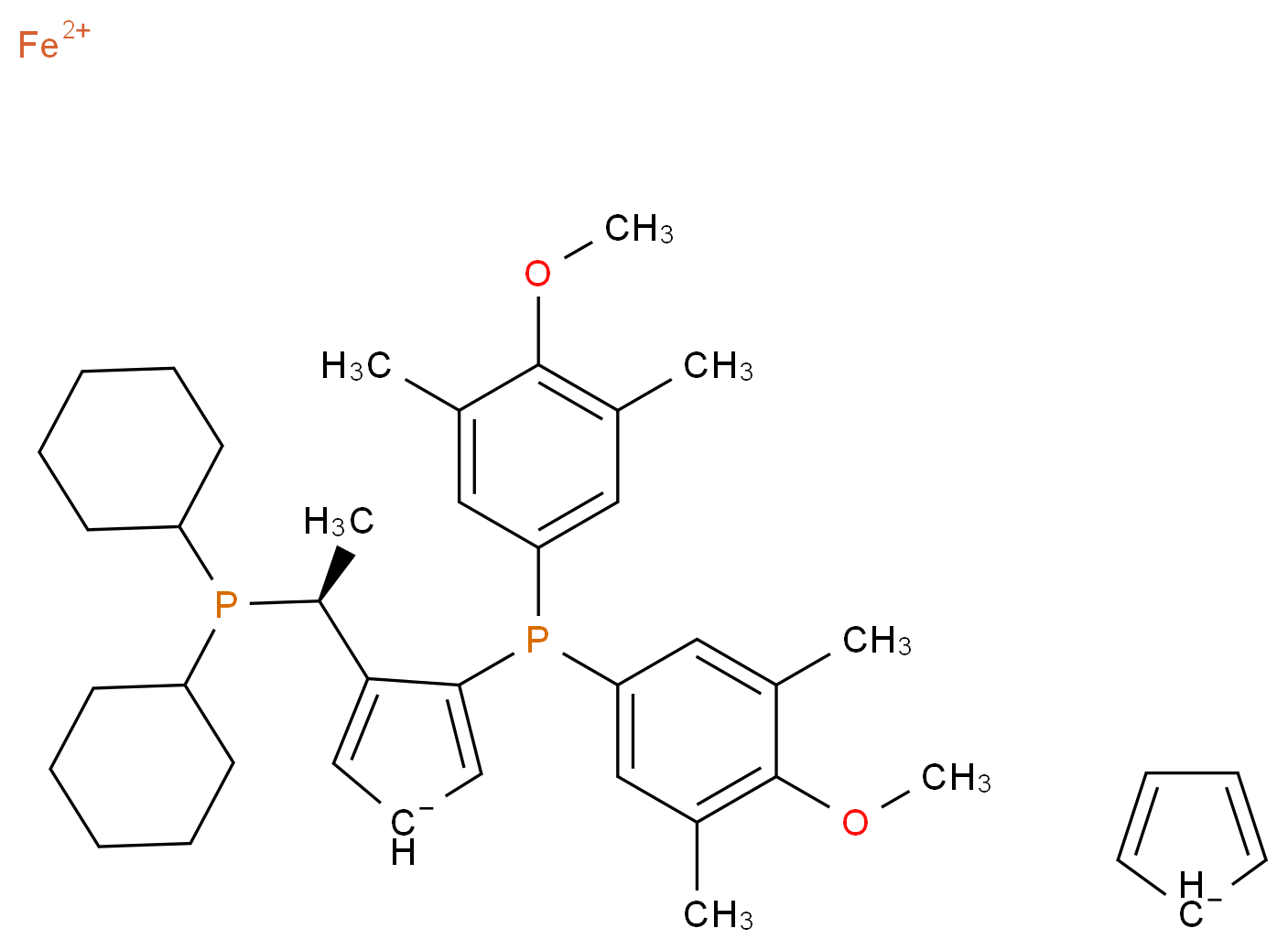 λ<sup>2</sup>-iron(2+) ion 3-[bis(4-methoxy-3,5-dimethylphenyl)phosphanyl]-4-[(1S)-1-(dicyclohexylphosphanyl)ethyl]cyclopenta-2,4-dien-1-ide cyclopenta-2,4-dien-1-ide_分子结构_CAS_849923-88-2