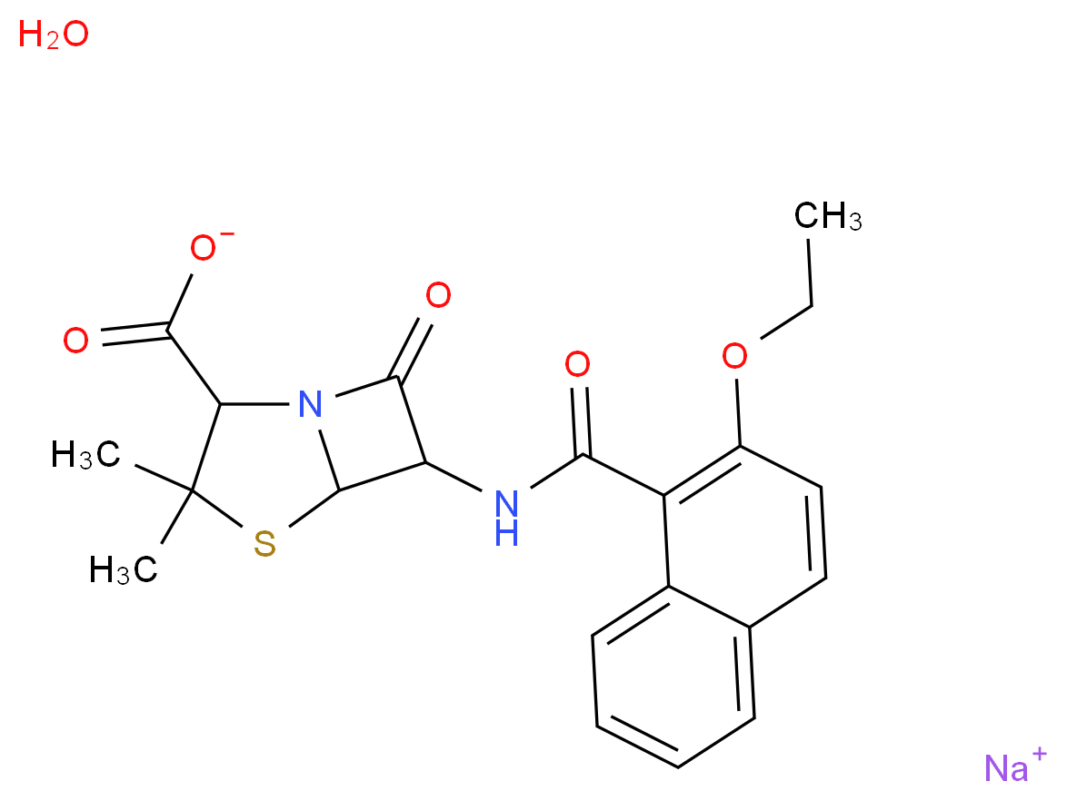 sodium 6-(2-ethoxynaphthalene-1-amido)-3,3-dimethyl-7-oxo-4-thia-1-azabicyclo[3.2.0]heptane-2-carboxylate hydrate_分子结构_CAS_7177-50-6