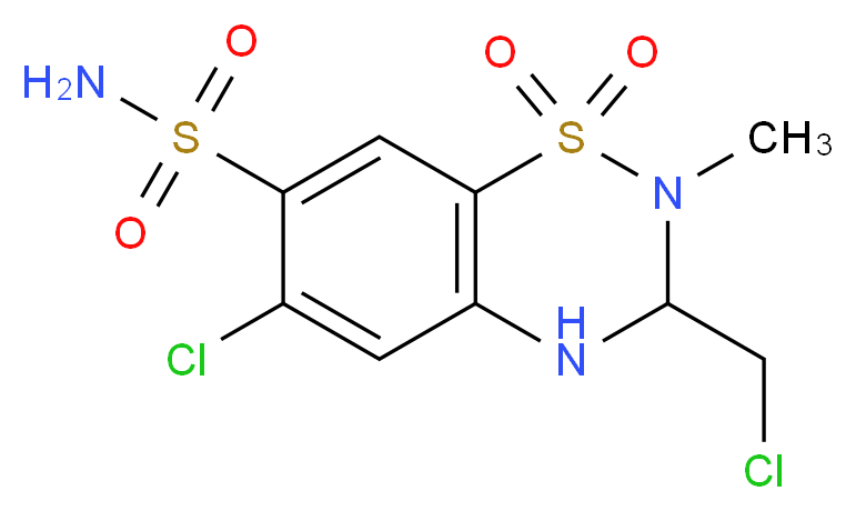 6-chloro-3-(chloromethyl)-2-methyl-1,1-dioxo-3,4-dihydro-2H-1$l^{6},2,4-benzothiadiazine-7-sulfonamide_分子结构_CAS_)